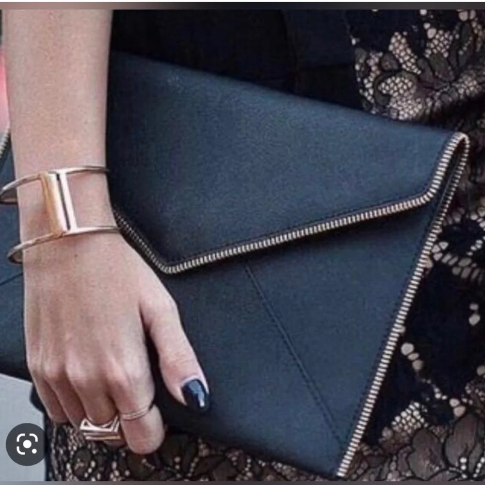 Rebecca Minkoff “Leo” Black Zip-Trim Saffiano Leather Envelope Clutch (CdlG)